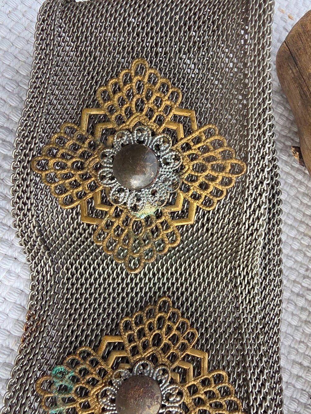 Vintage Moroccan-style antique brass and gunmetal metal mesh statement belt